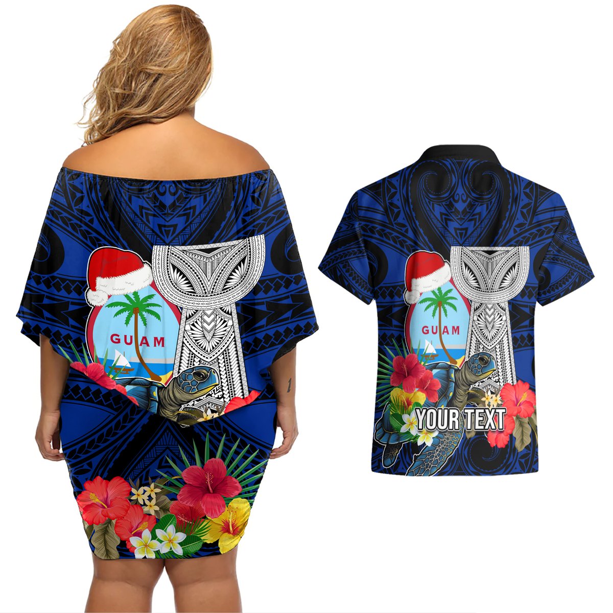 Custom Guam Christmas Couples Matching Off Shoulder Short Dress and Hawaiian Shirt Santa Gift Latte Stone and Sea Turle Mix Hibiscus Chamorro Blue Style LT03 - Polynesian Pride