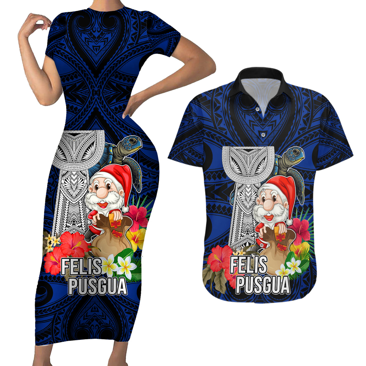 Custom Guam Christmas Couples Matching Short Sleeve Bodycon Dress and Hawaiian Shirt Santa Gift Latte Stone and Sea Turle Mix Hibiscus Chamorro Blue Style LT03 Blue - Polynesian Pride