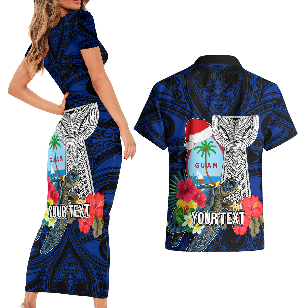 Custom Guam Christmas Couples Matching Short Sleeve Bodycon Dress and Hawaiian Shirt Santa Gift Latte Stone and Sea Turle Mix Hibiscus Chamorro Blue Style LT03 - Polynesian Pride