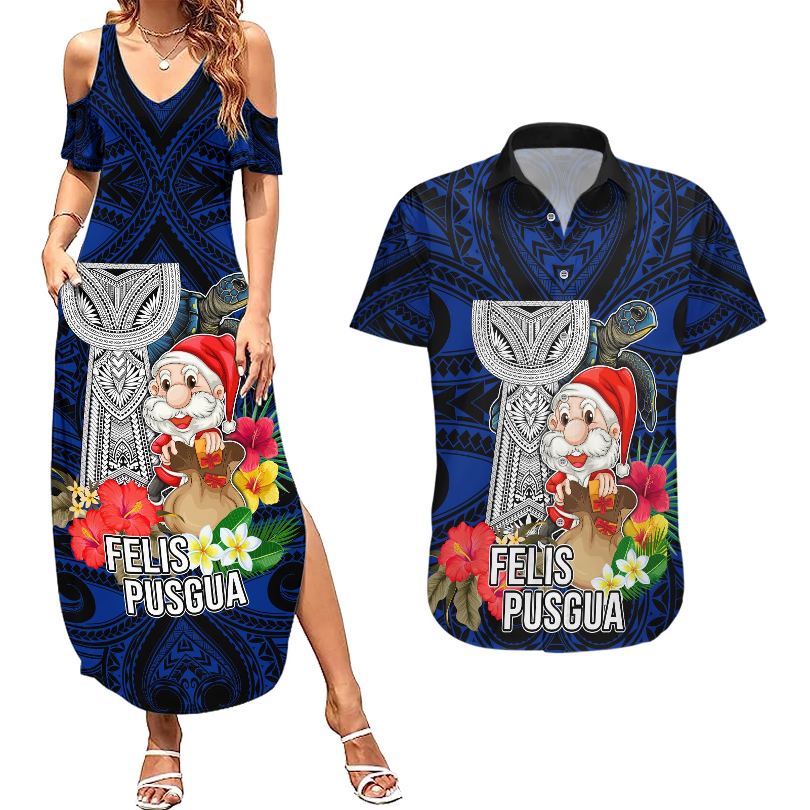 Custom Guam Christmas Couples Matching Summer Maxi Dress and Hawaiian Shirt Santa Gift Latte Stone and Sea Turle Mix Hibiscus Chamorro Blue Style LT03