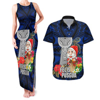Custom Guam Christmas Couples Matching Tank Maxi Dress and Hawaiian Shirt Santa Gift Latte Stone and Sea Turle Mix Hibiscus Chamorro Blue Style LT03