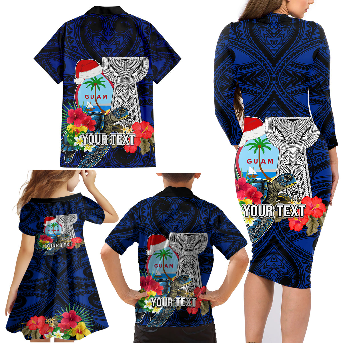 Custom Guam Christmas Family Matching Long Sleeve Bodycon Dress and Hawaiian Shirt Santa Gift Latte Stone and Sea Turle Mix Hibiscus Chamorro Blue Style LT03