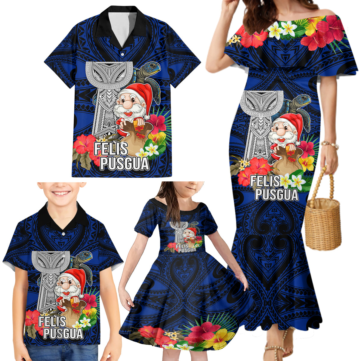 Custom Guam Christmas Family Matching Mermaid Dress and Hawaiian Shirt Santa Gift Latte Stone and Sea Turle Mix Hibiscus Chamorro Blue Style LT03
