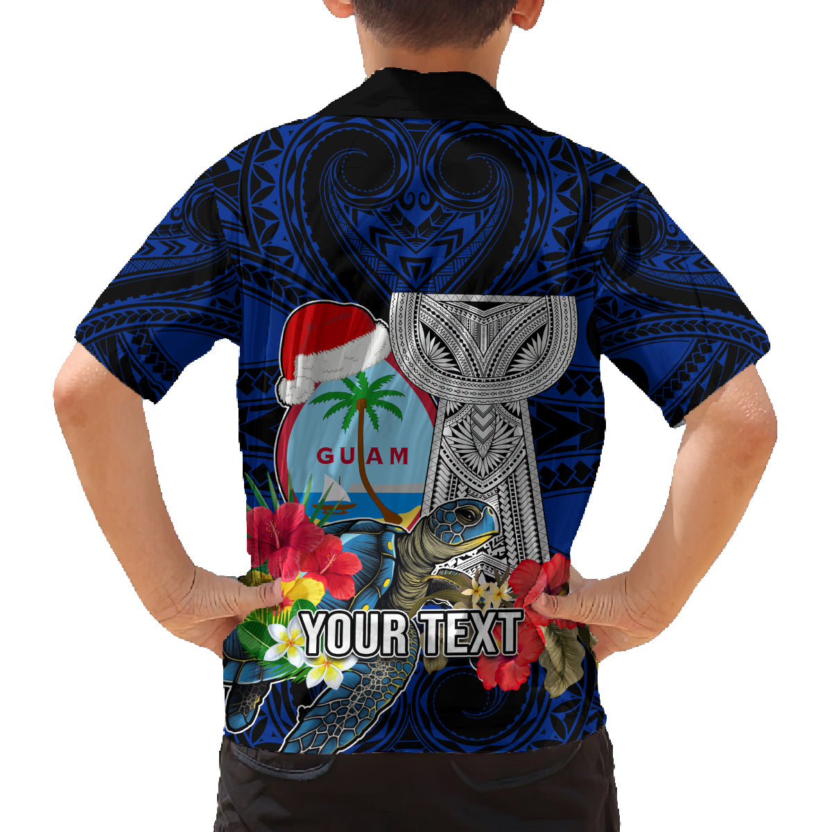 Custom Guam Christmas Family Matching Off Shoulder Maxi Dress and Hawaiian Shirt Santa Gift Latte Stone and Sea Turle Mix Hibiscus Chamorro Blue Style LT03 - Polynesian Pride