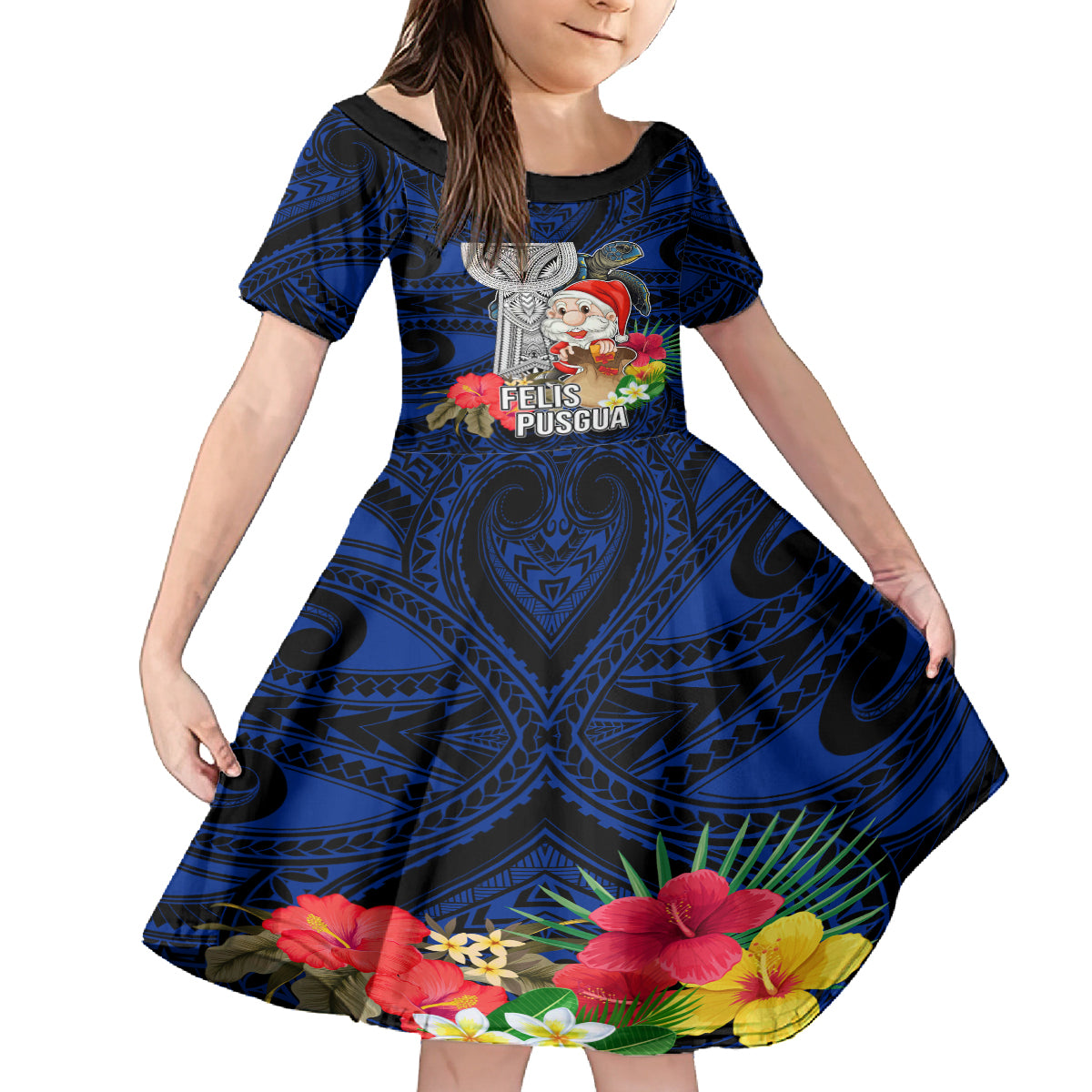 Custom Guam Christmas Family Matching Off Shoulder Maxi Dress and Hawaiian Shirt Santa Gift Latte Stone and Sea Turle Mix Hibiscus Chamorro Blue Style LT03 Daughter's Dress Blue - Polynesian Pride