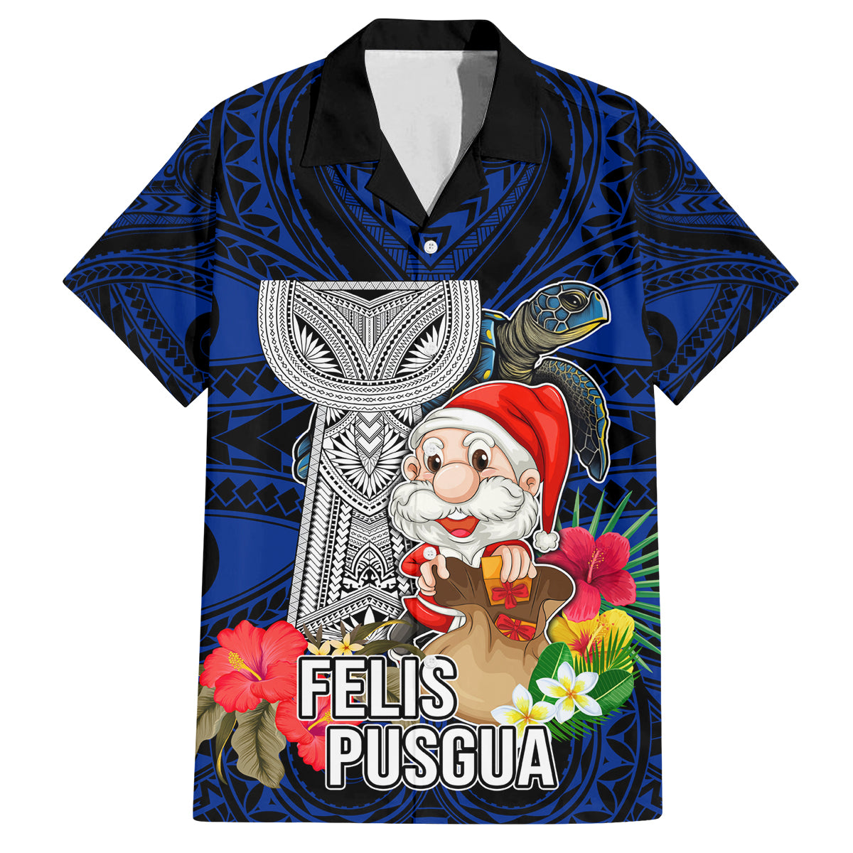 Custom Guam Christmas Family Matching Off Shoulder Maxi Dress and Hawaiian Shirt Santa Gift Latte Stone and Sea Turle Mix Hibiscus Chamorro Blue Style LT03 Dad's Shirt - Short Sleeve Blue - Polynesian Pride