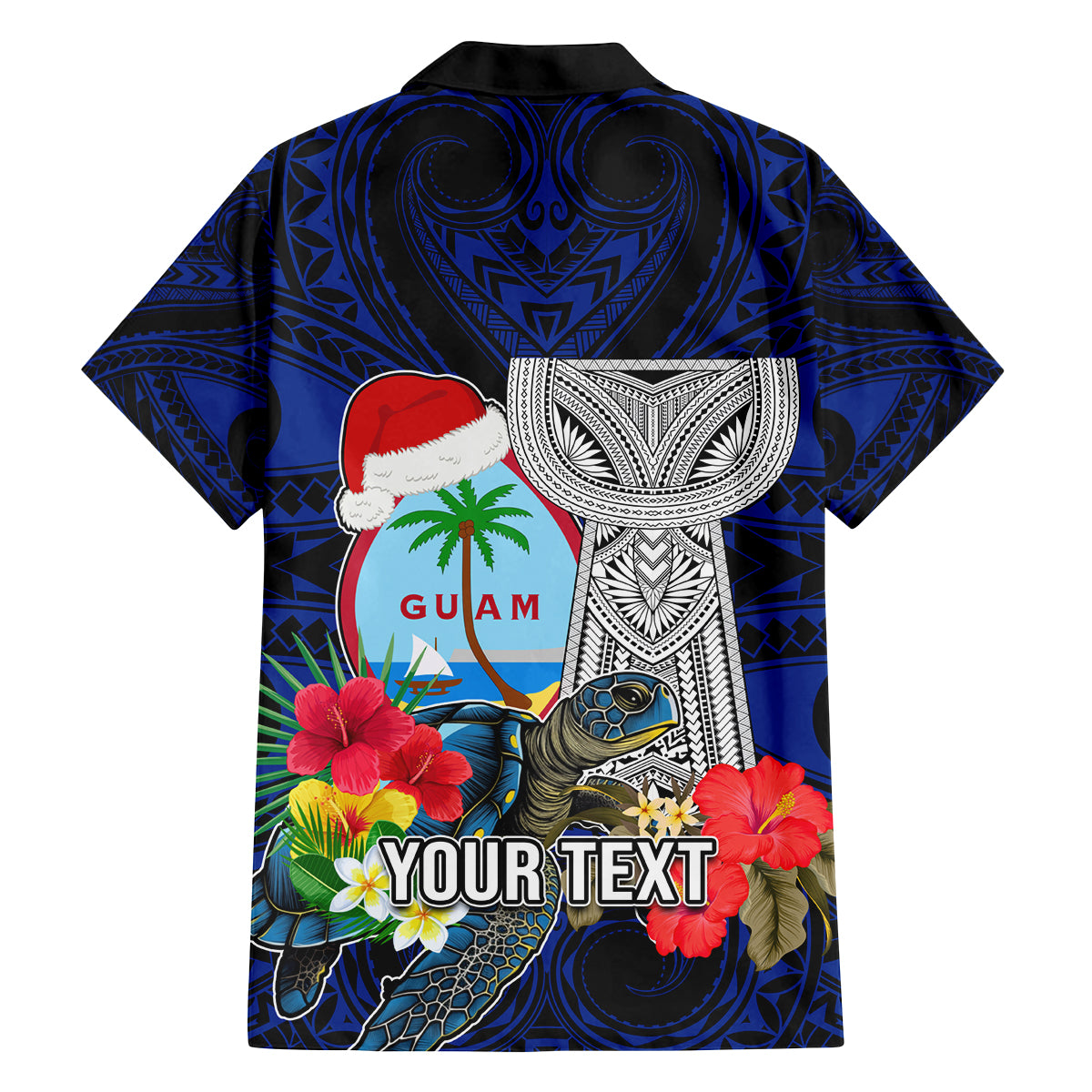 Custom Guam Christmas Family Matching Off Shoulder Maxi Dress and Hawaiian Shirt Santa Gift Latte Stone and Sea Turle Mix Hibiscus Chamorro Blue Style LT03 - Polynesian Pride