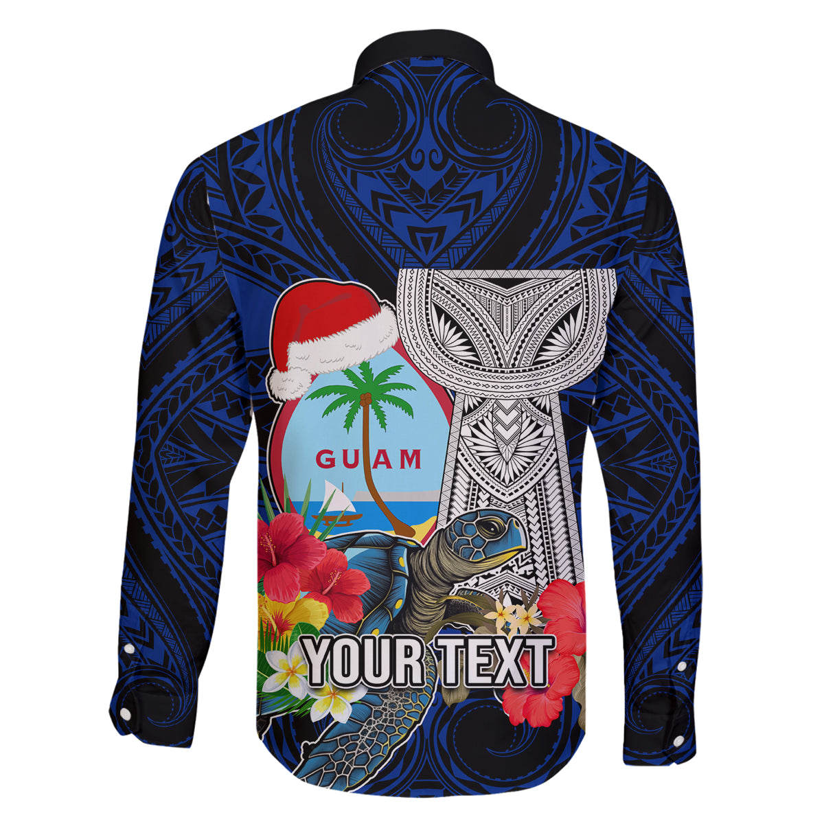 Custom Guam Christmas Family Matching Off Shoulder Maxi Dress and Hawaiian Shirt Santa Gift Latte Stone and Sea Turle Mix Hibiscus Chamorro Blue Style LT03 - Polynesian Pride