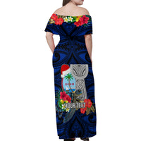 Custom Guam Christmas Family Matching Off Shoulder Maxi Dress and Hawaiian Shirt Santa Gift Latte Stone and Sea Turle Mix Hibiscus Chamorro Blue Style LT03 - Polynesian Pride