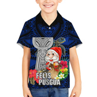 Custom Guam Christmas Family Matching Off Shoulder Maxi Dress and Hawaiian Shirt Santa Gift Latte Stone and Sea Turle Mix Hibiscus Chamorro Blue Style LT03 Son's Shirt Blue - Polynesian Pride