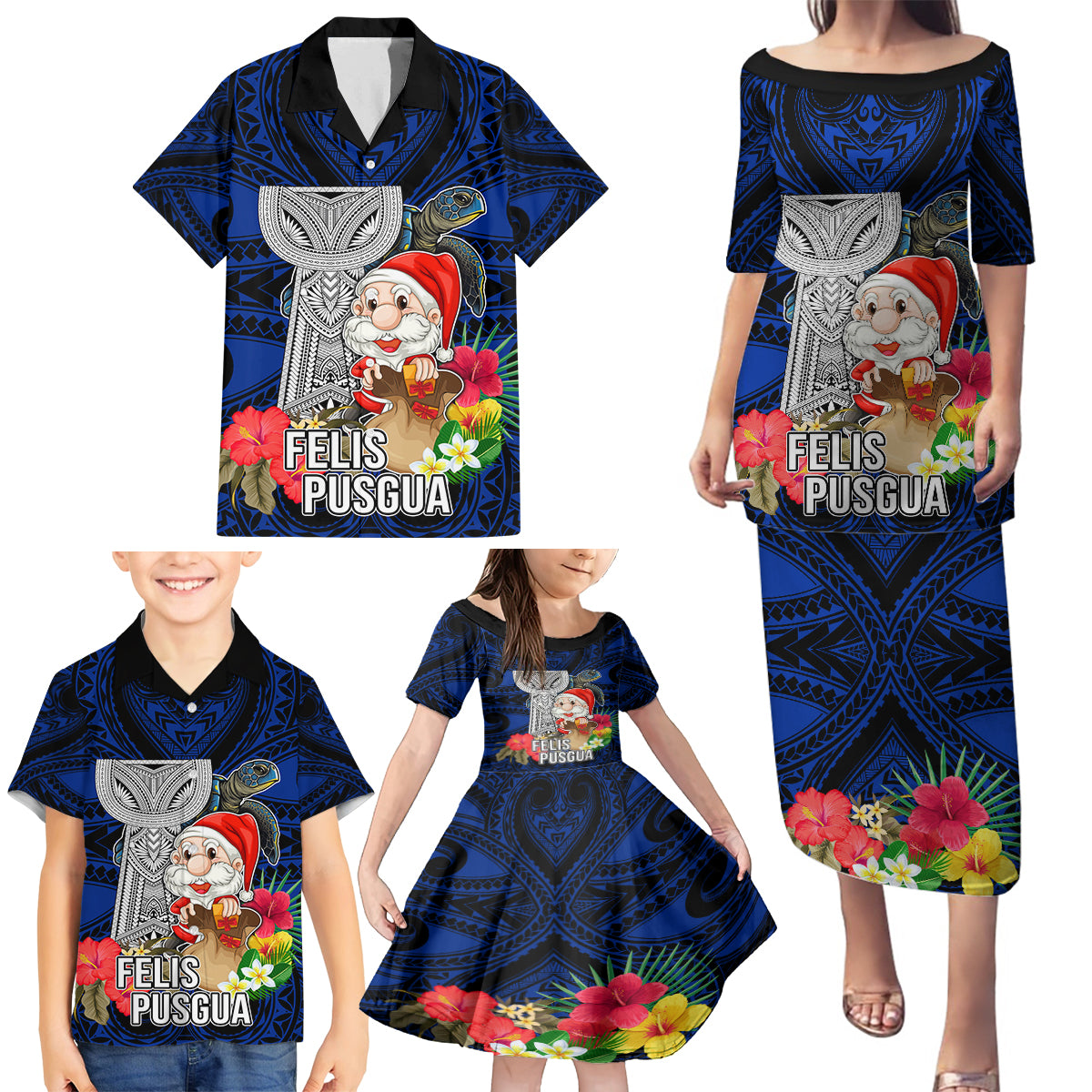 Custom Guam Christmas Family Matching Puletasi Dress and Hawaiian Shirt Santa Gift Latte Stone and Sea Turle Mix Hibiscus Chamorro Blue Style LT03 - Polynesian Pride