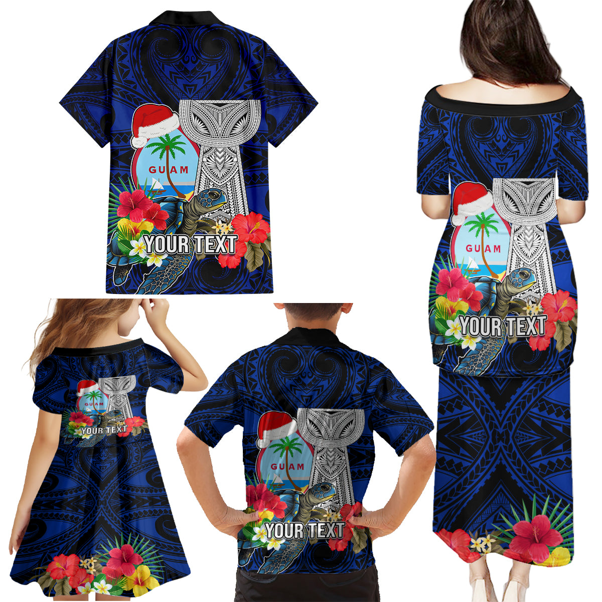 Custom Guam Christmas Family Matching Puletasi Dress and Hawaiian Shirt Santa Gift Latte Stone and Sea Turle Mix Hibiscus Chamorro Blue Style LT03 - Polynesian Pride
