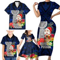 Custom Guam Christmas Family Matching Short Sleeve Bodycon Dress and Hawaiian Shirt Santa Gift Latte Stone and Sea Turle Mix Hibiscus Chamorro Blue Style LT03 - Polynesian Pride