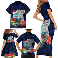 Custom Guam Christmas Family Matching Short Sleeve Bodycon Dress and Hawaiian Shirt Santa Gift Latte Stone and Sea Turle Mix Hibiscus Chamorro Blue Style LT03 - Polynesian Pride