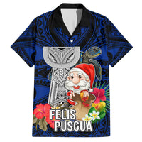 Custom Guam Christmas Family Matching Short Sleeve Bodycon Dress and Hawaiian Shirt Santa Gift Latte Stone and Sea Turle Mix Hibiscus Chamorro Blue Style LT03 Dad's Shirt - Short Sleeve Blue - Polynesian Pride