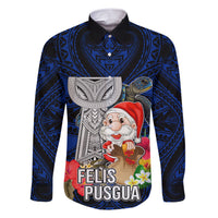 Custom Guam Christmas Family Matching Short Sleeve Bodycon Dress and Hawaiian Shirt Santa Gift Latte Stone and Sea Turle Mix Hibiscus Chamorro Blue Style LT03 Dad's Shirt - Long Sleeve Blue - Polynesian Pride