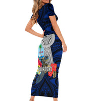 Custom Guam Christmas Family Matching Short Sleeve Bodycon Dress and Hawaiian Shirt Santa Gift Latte Stone and Sea Turle Mix Hibiscus Chamorro Blue Style LT03 - Polynesian Pride