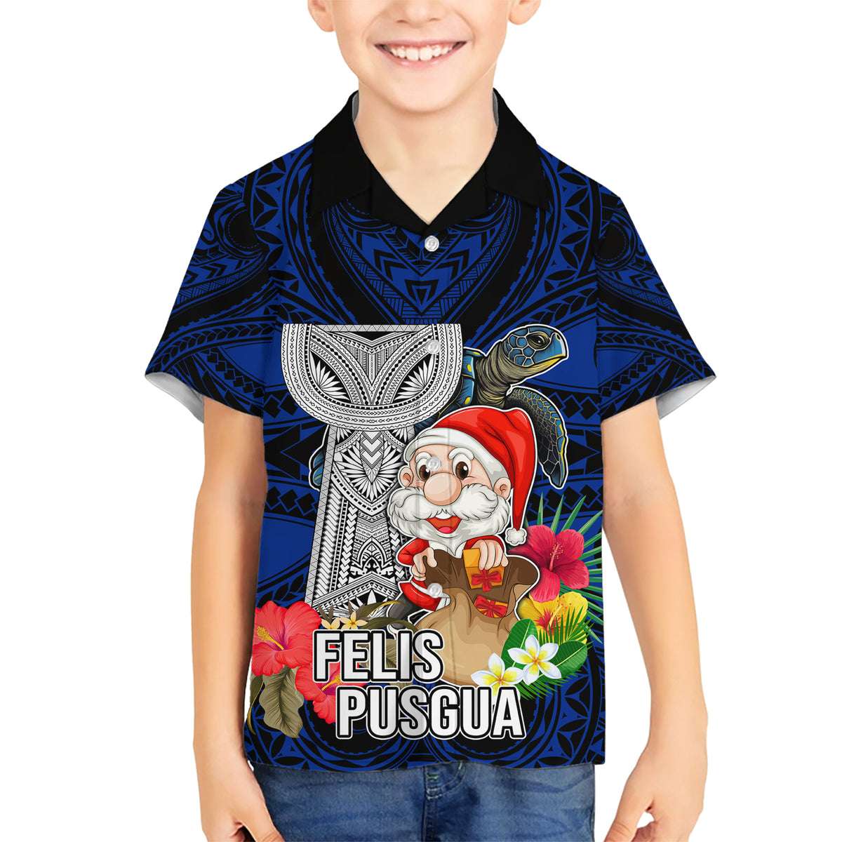 Custom Guam Christmas Family Matching Short Sleeve Bodycon Dress and Hawaiian Shirt Santa Gift Latte Stone and Sea Turle Mix Hibiscus Chamorro Blue Style LT03 Son's Shirt Blue - Polynesian Pride