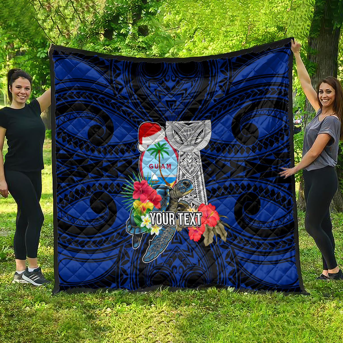 Custom Guam Christmas Quilt Santa Gift Latte Stone and Sea Turle Mix Hibiscus Chamorro Blue Style LT03