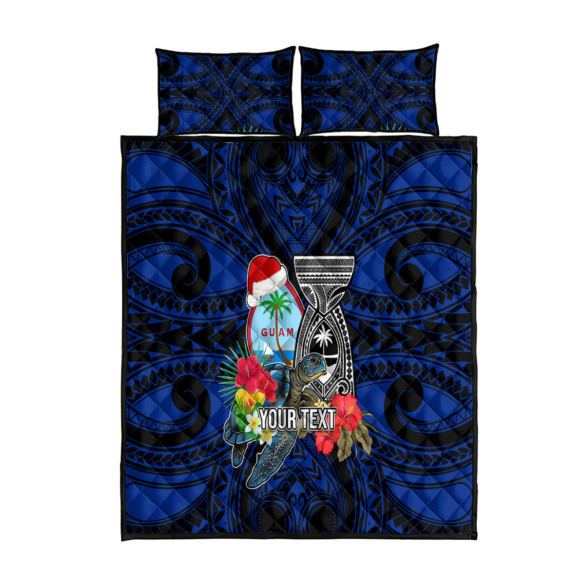 Custom Guam Christmas Quilt Bed Set Santa Gift Latte Stone and Sea Turle Mix Hibiscus Chamorro Blue Style LT03