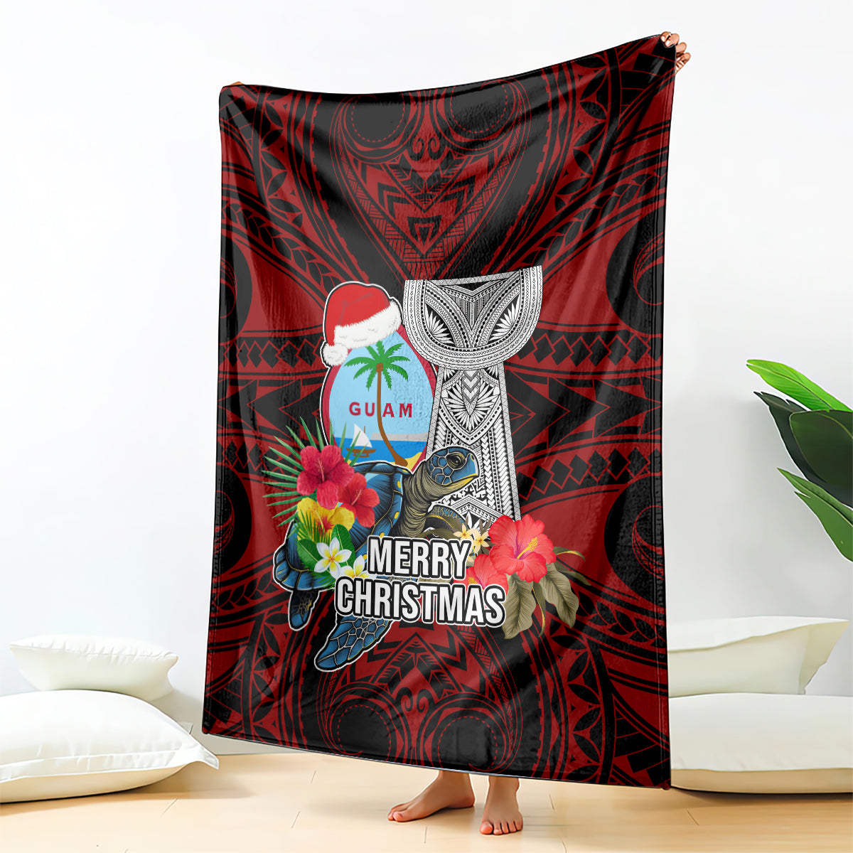 Guam Christmas Blanket Santa Gift Latte Stone and Sea Turle Mix Hibiscus Chamorro Red Style LT03