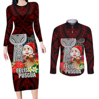 Guam Christmas Couples Matching Long Sleeve Bodycon Dress and Long Sleeve Button Shirt Santa Gift Latte Stone and Sea Turle Mix Hibiscus Chamorro Red Style LT03