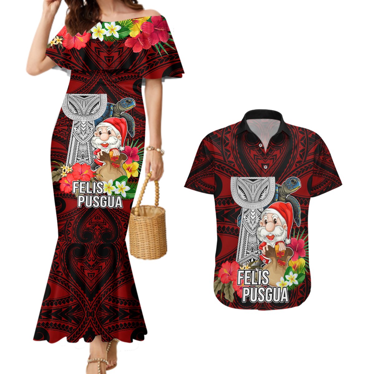 Guam Christmas Couples Matching Mermaid Dress and Hawaiian Shirt Santa Gift Latte Stone and Sea Turle Mix Hibiscus Chamorro Red Style LT03 Red - Polynesian Pride