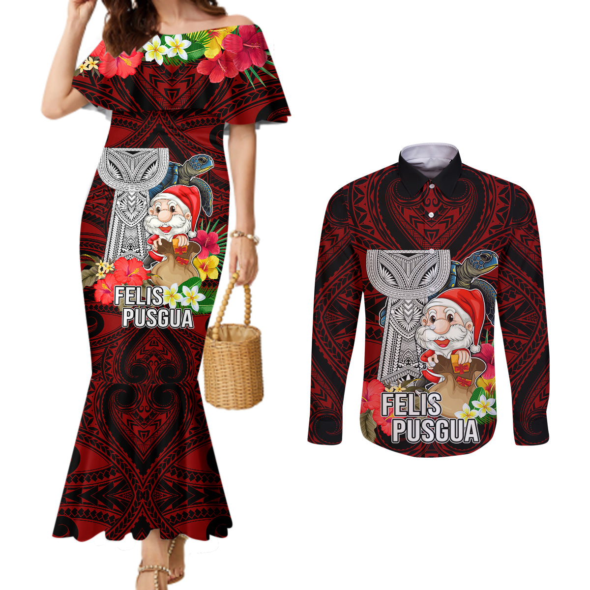 Guam Christmas Couples Matching Mermaid Dress and Long Sleeve Button Shirt Santa Gift Latte Stone and Sea Turle Mix Hibiscus Chamorro Red Style LT03