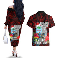 Guam Christmas Couples Matching Off The Shoulder Long Sleeve Dress and Hawaiian Shirt Santa Gift Latte Stone and Sea Turle Mix Hibiscus Chamorro Red Style LT03