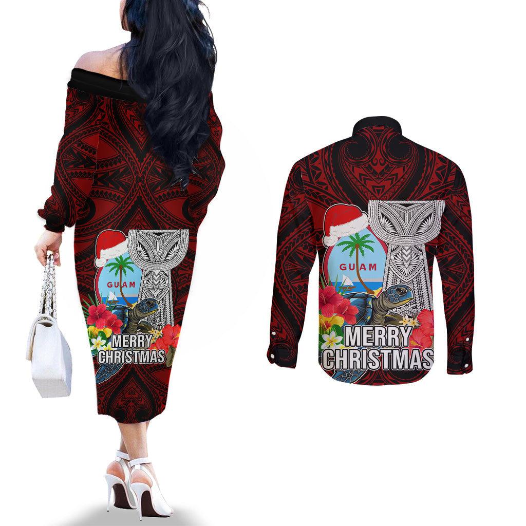 Guam Christmas Couples Matching Off The Shoulder Long Sleeve Dress and Long Sleeve Button Shirt Santa Gift Latte Stone and Sea Turle Mix Hibiscus Chamorro Red Style LT03