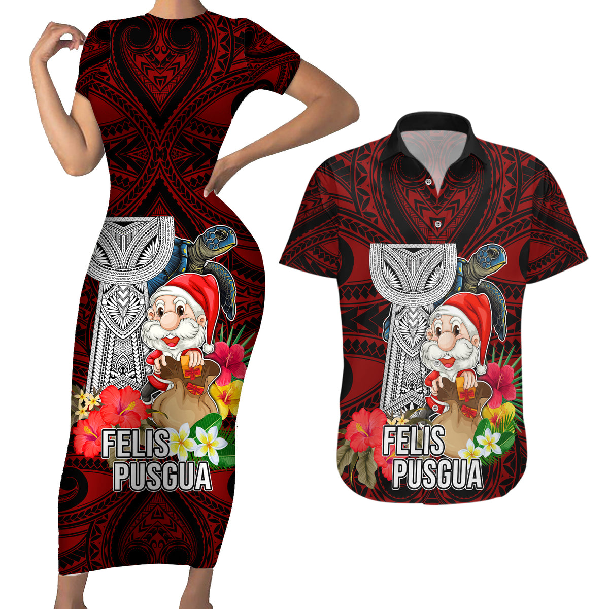 Guam Christmas Couples Matching Short Sleeve Bodycon Dress and Hawaiian Shirt Santa Gift Latte Stone and Sea Turle Mix Hibiscus Chamorro Red Style LT03 Red - Polynesian Pride