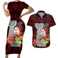Guam Christmas Couples Matching Short Sleeve Bodycon Dress and Hawaiian Shirt Santa Gift Latte Stone and Sea Turle Mix Hibiscus Chamorro Red Style LT03 Red - Polynesian Pride