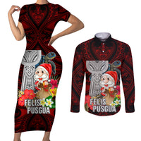 Guam Christmas Couples Matching Short Sleeve Bodycon Dress and Long Sleeve Button Shirt Santa Gift Latte Stone and Sea Turle Mix Hibiscus Chamorro Red Style LT03