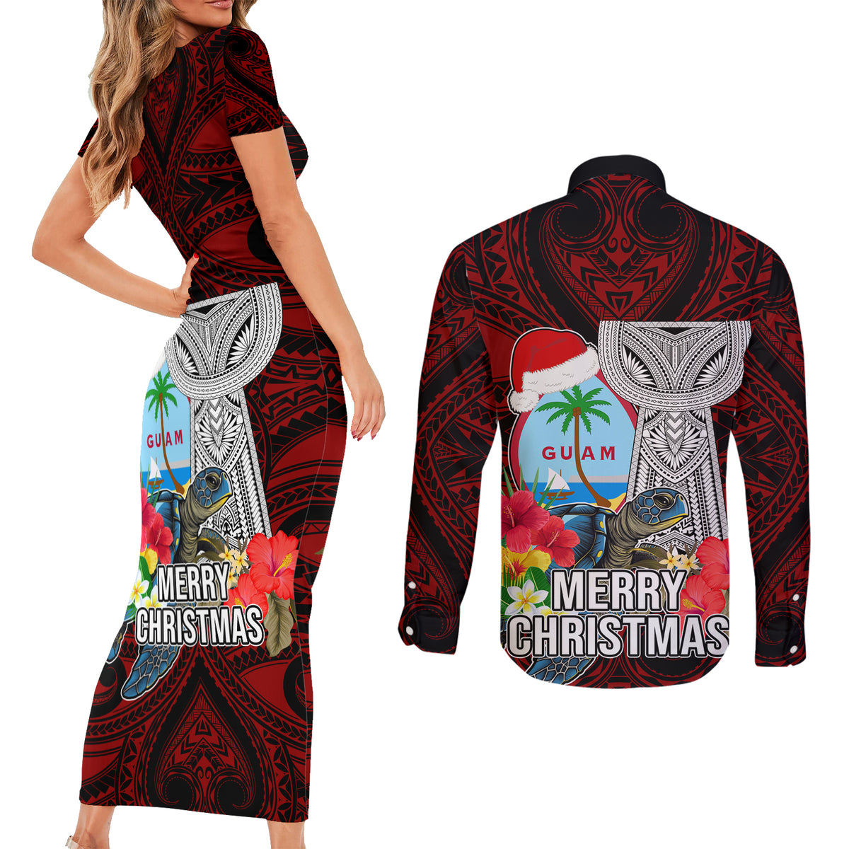 Guam Christmas Couples Matching Short Sleeve Bodycon Dress and Long Sleeve Button Shirt Santa Gift Latte Stone and Sea Turle Mix Hibiscus Chamorro Red Style LT03