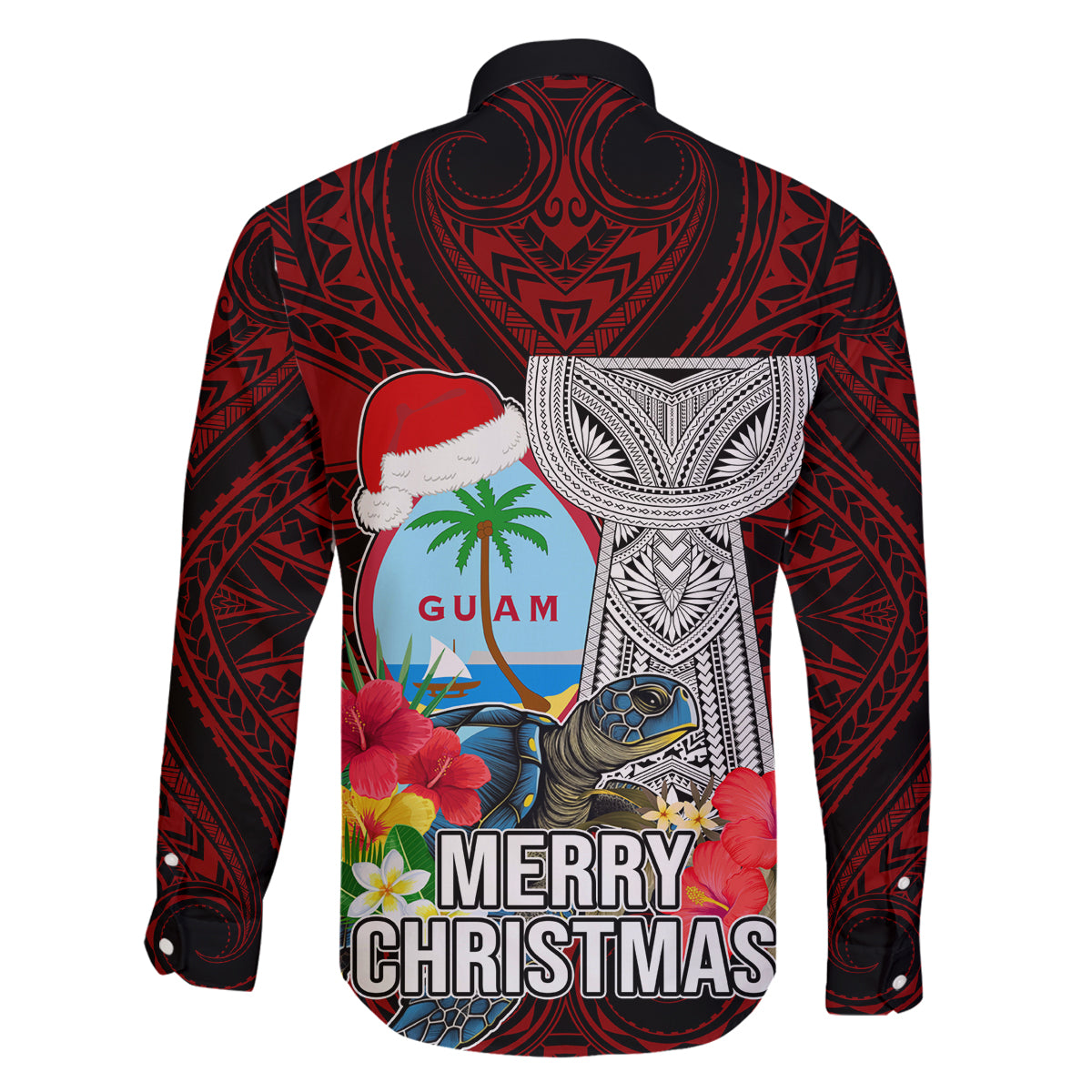 Guam Christmas Family Matching Off Shoulder Long Sleeve Dress and Hawaiian Shirt Santa Gift Latte Stone and Sea Turle Mix Hibiscus Chamorro Red Style LT03