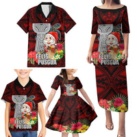 Guam Christmas Family Matching Puletasi Dress and Hawaiian Shirt Santa Gift Latte Stone and Sea Turle Mix Hibiscus Chamorro Red Style LT03 - Polynesian Pride