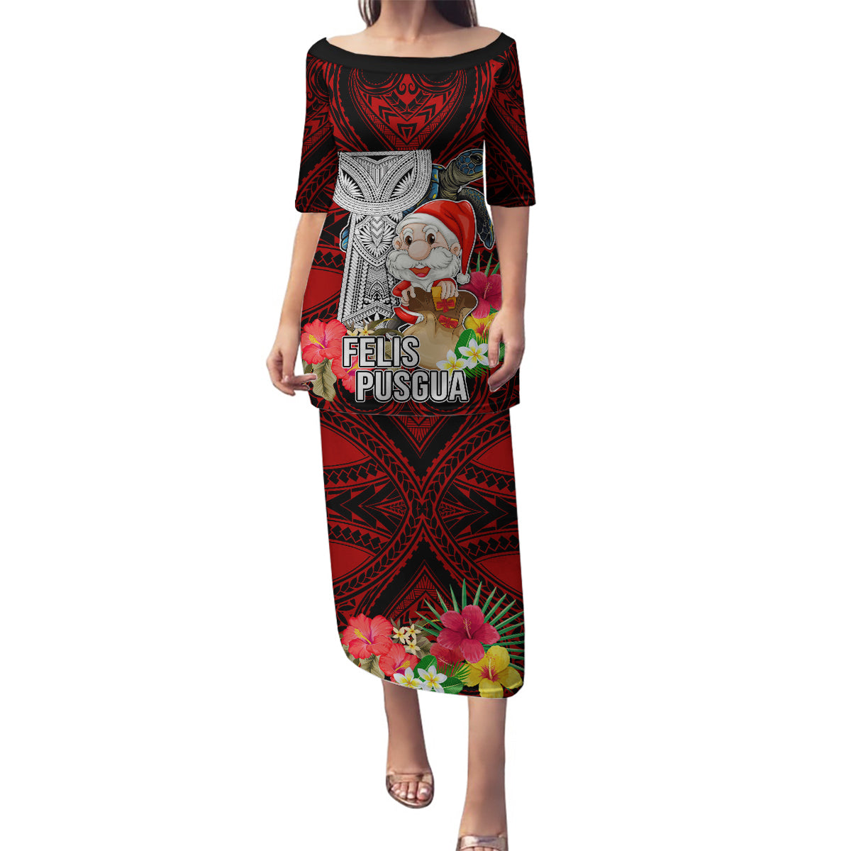 Guam Christmas Family Matching Puletasi Dress and Hawaiian Shirt Santa Gift Latte Stone and Sea Turle Mix Hibiscus Chamorro Red Style LT03 Mom's Dress Red - Polynesian Pride