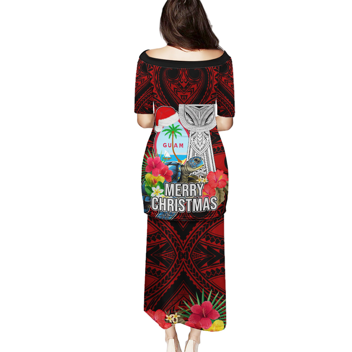Guam Christmas Family Matching Puletasi Dress and Hawaiian Shirt Santa Gift Latte Stone and Sea Turle Mix Hibiscus Chamorro Red Style LT03 - Polynesian Pride