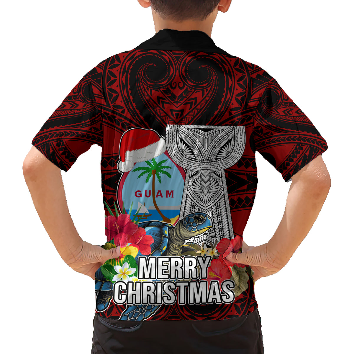 Guam Christmas Family Matching Short Sleeve Bodycon Dress and Hawaiian Shirt Santa Gift Latte Stone and Sea Turle Mix Hibiscus Chamorro Red Style LT03 - Polynesian Pride