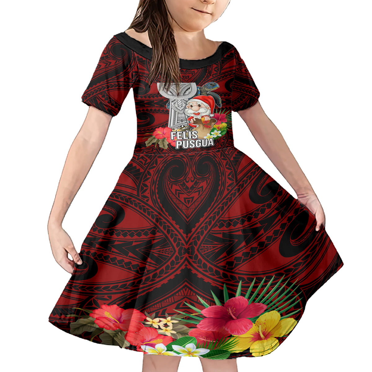 Guam Christmas Family Matching Short Sleeve Bodycon Dress and Hawaiian Shirt Santa Gift Latte Stone and Sea Turle Mix Hibiscus Chamorro Red Style LT03 Daughter's Dress Red - Polynesian Pride