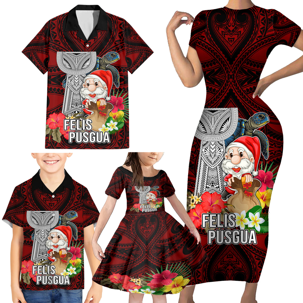 Guam Christmas Family Matching Short Sleeve Bodycon Dress and Hawaiian Shirt Santa Gift Latte Stone and Sea Turle Mix Hibiscus Chamorro Red Style LT03 - Polynesian Pride