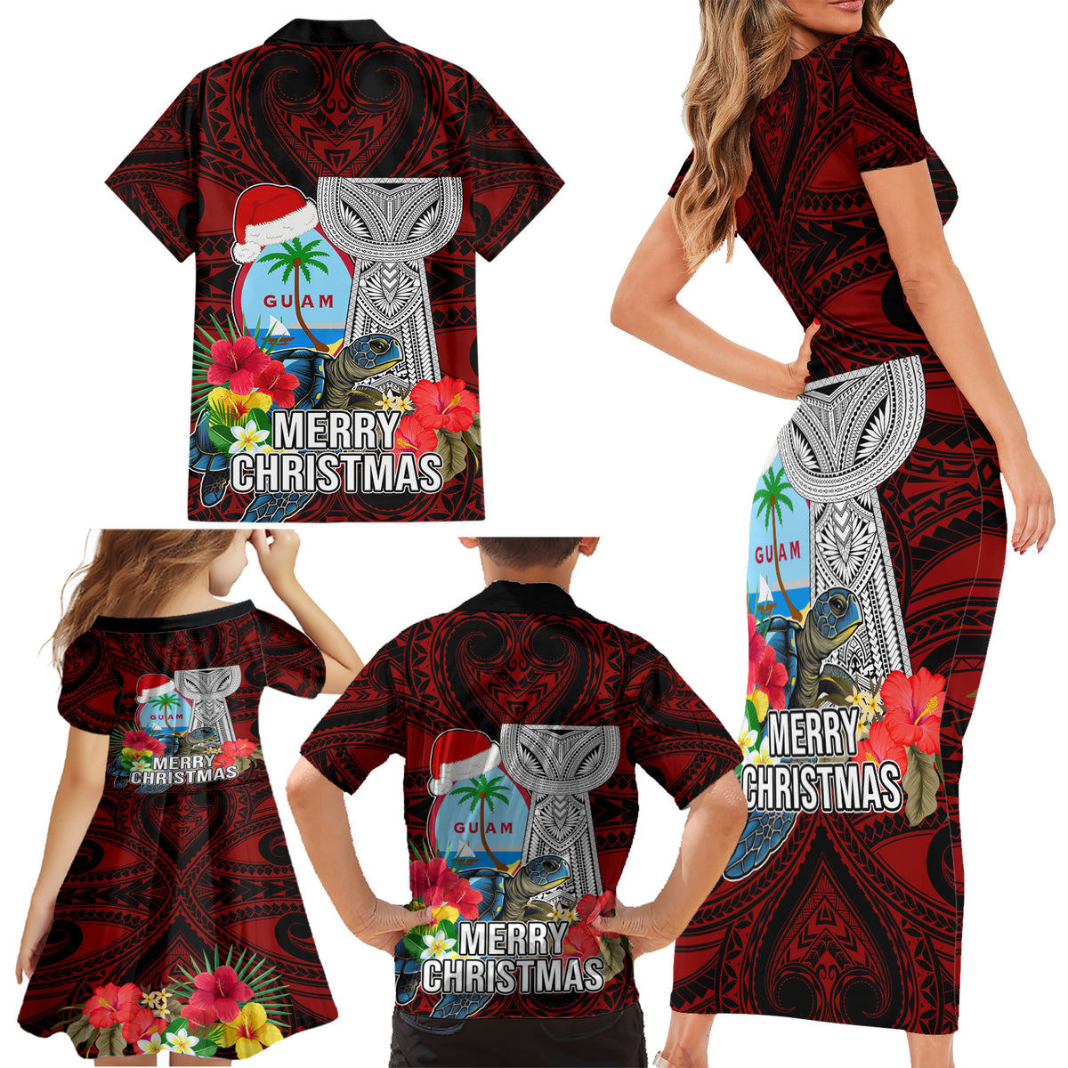 Guam Christmas Family Matching Short Sleeve Bodycon Dress and Hawaiian Shirt Santa Gift Latte Stone and Sea Turle Mix Hibiscus Chamorro Red Style LT03 - Polynesian Pride