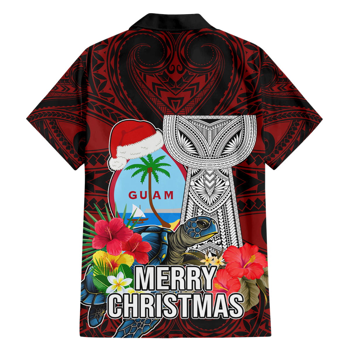 Guam Christmas Family Matching Short Sleeve Bodycon Dress and Hawaiian Shirt Santa Gift Latte Stone and Sea Turle Mix Hibiscus Chamorro Red Style LT03 - Polynesian Pride