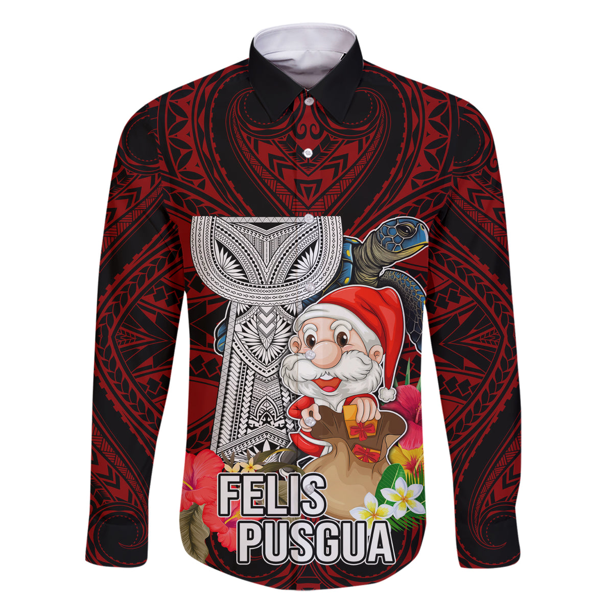 Guam Christmas Family Matching Short Sleeve Bodycon Dress and Hawaiian Shirt Santa Gift Latte Stone and Sea Turle Mix Hibiscus Chamorro Red Style LT03 Dad's Shirt - Long Sleeve Red - Polynesian Pride