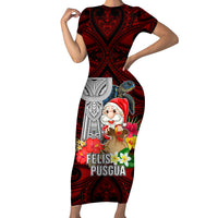 Guam Christmas Family Matching Short Sleeve Bodycon Dress and Hawaiian Shirt Santa Gift Latte Stone and Sea Turle Mix Hibiscus Chamorro Red Style LT03 Mom's Dress Red - Polynesian Pride
