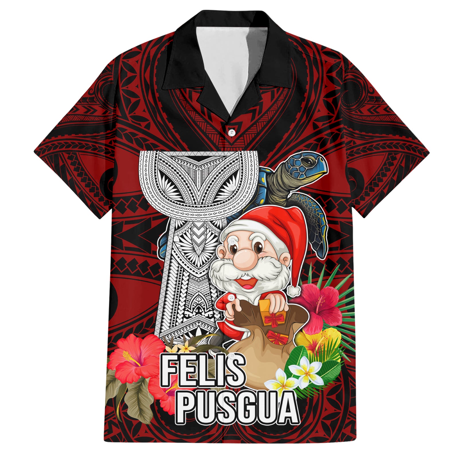 Guam Christmas Hawaiian Shirt Santa Gift Latte Stone and Sea Turle Mix Hibiscus Chamorro Red Style LT03