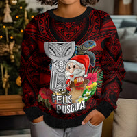 Guam Christmas Kid Ugly Christmas Sweater Santa Gift Latte Stone and Sea Turle Mix Hibiscus Chamorro Red Style LT03