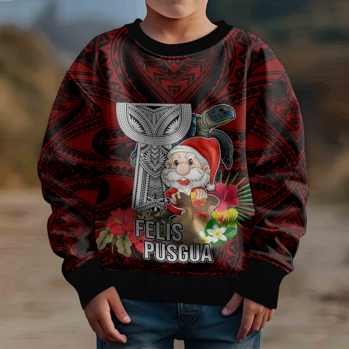 Guam Christmas Kid Ugly Christmas Sweater Santa Gift Latte Stone and Sea Turle Mix Hibiscus Chamorro Red Style LT03