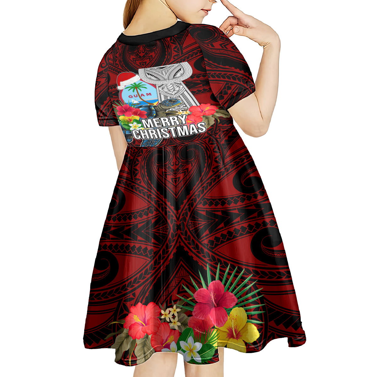 Guam Christmas Kid Short Sleeve Dress Santa Gift Latte Stone and Sea Turle Mix Hibiscus Chamorro Red Style LT03