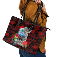 Guam Christmas Leather Tote Bag Santa Gift Latte Stone and Sea Turle Mix Hibiscus Chamorro Red Style LT03